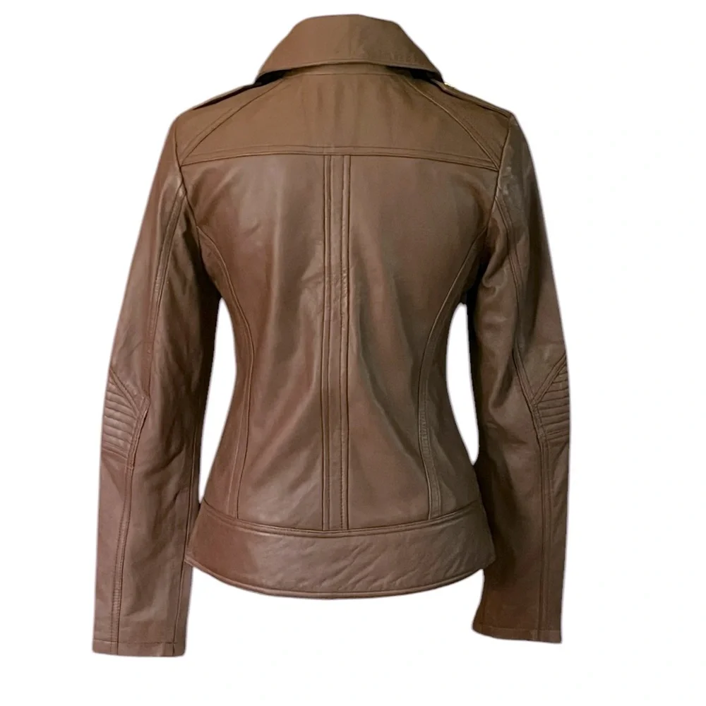 GUESS BROWN LEATHER GOLD TRIM MOTO JACKET GREAT CONDITION SIZE XS